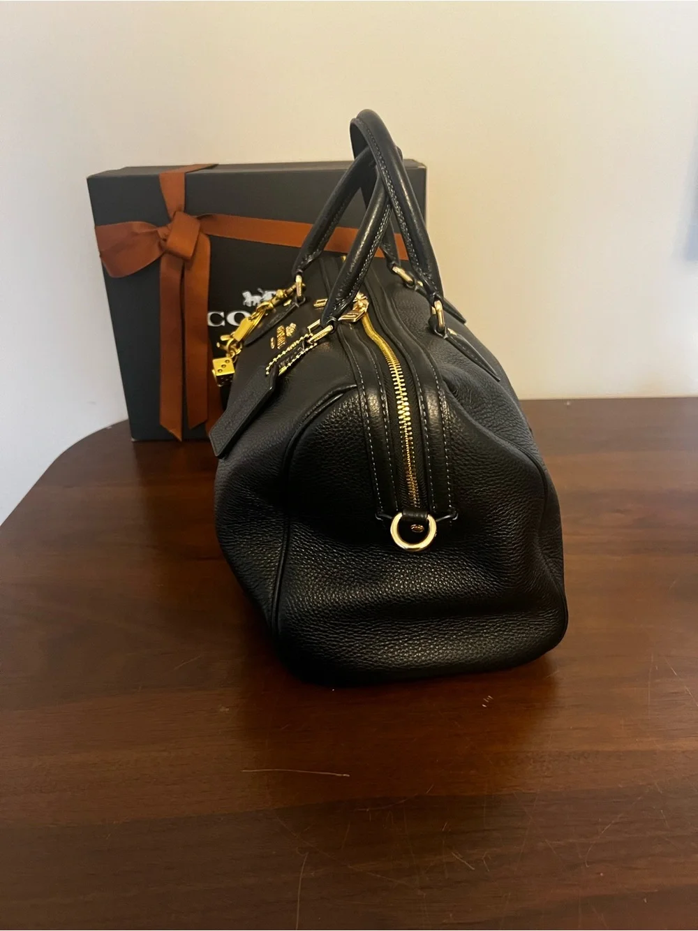Authentic Coach Black Pebbled Leather Large Rowan Satchel with Gold Accents